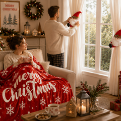 Christmas Flannel Throw Blanket and Santa Curtain Tieback Set, 150*130cm Thick Fleece Sofa Blanket with 2 Plush Santa Velcro 