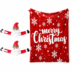 Christmas Flannel Throw Blanket and Santa Curtain Tieback Set, 150*130cm Thick Fleece Sofa Blanket with 2 Plush Santa Velcro 