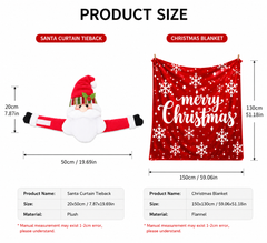 Christmas Flannel Throw Blanket and Santa Curtain Tieback Set, 150*130cm Thick Fleece Sofa Blanket with 2 Plush Santa Velcro 