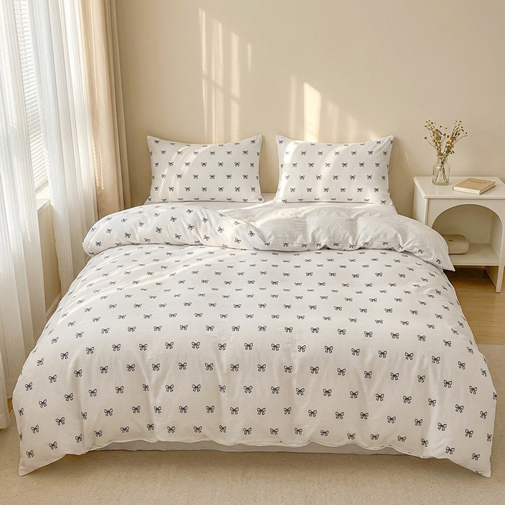 Bow Print Bedding Set - 3 Piece Set - Quilt Cover 229 x 229 cm with 2 Pillowcases 51 x 66 cm - White and Black Bow Pattern