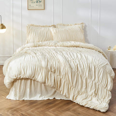 Wrinkle Textured Bedding Set - 3 Piece Quilt Cover and Pillowcase Set - Beige Bohemian Style（Queen）