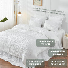 Wrinkle Textured Bedding Set - 3 Piece Quilt Cover and Pillowcase Set - White Bohemian Style（Double）