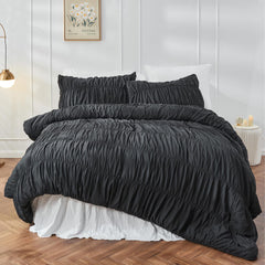 Textured Bohemian Ruffled Quilt Cover Set, Soft Crinkle Bedding Set with 1 Duvet Cover and 1 Pillowcases (Single)