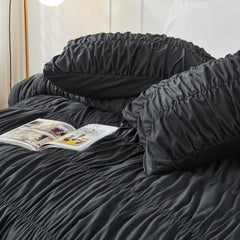 Wrinkle Textured Bedding Set - 3 Piece Quilt Cover and Pillowcase Set - Black Bohemian Style（Queen）