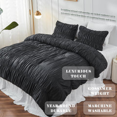 Wrinkle Textured Bedding Set - 3 Piece Quilt Cover and Pillowcase Set - Black Bohemian Style（King）