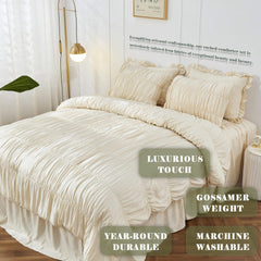 Textured Bohemian Ruffled Quilt Cover Set, Soft Crinkle Bedding Set with 1 Duvet Cover and 1 Pillowcases (Single)