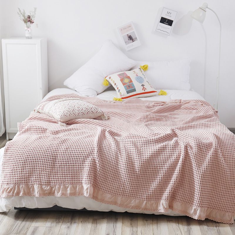 Cotton Waffle Blanket - Pink Textured Throw 150x200cm for Sofa, Office and Travel Use