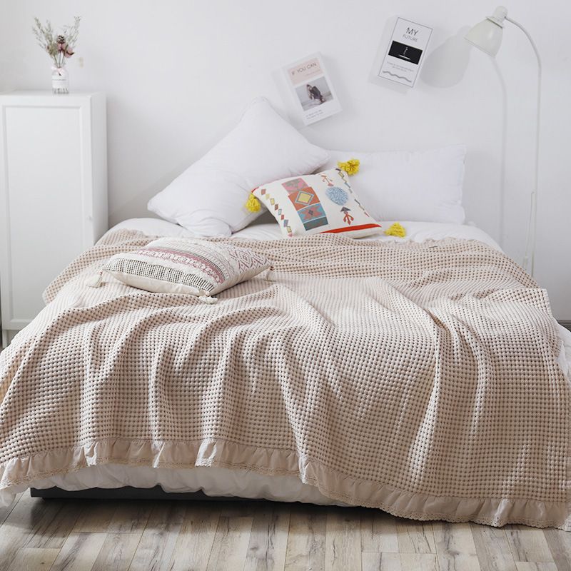 Cotton Waffle Blanket - Beige Textured Throw 110x160cm for Sofa, Office and Travel Use