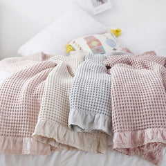 Cotton Waffle Blanket - Beige Textured Throw 150x200cm for Sofa, Office and Travel Use
