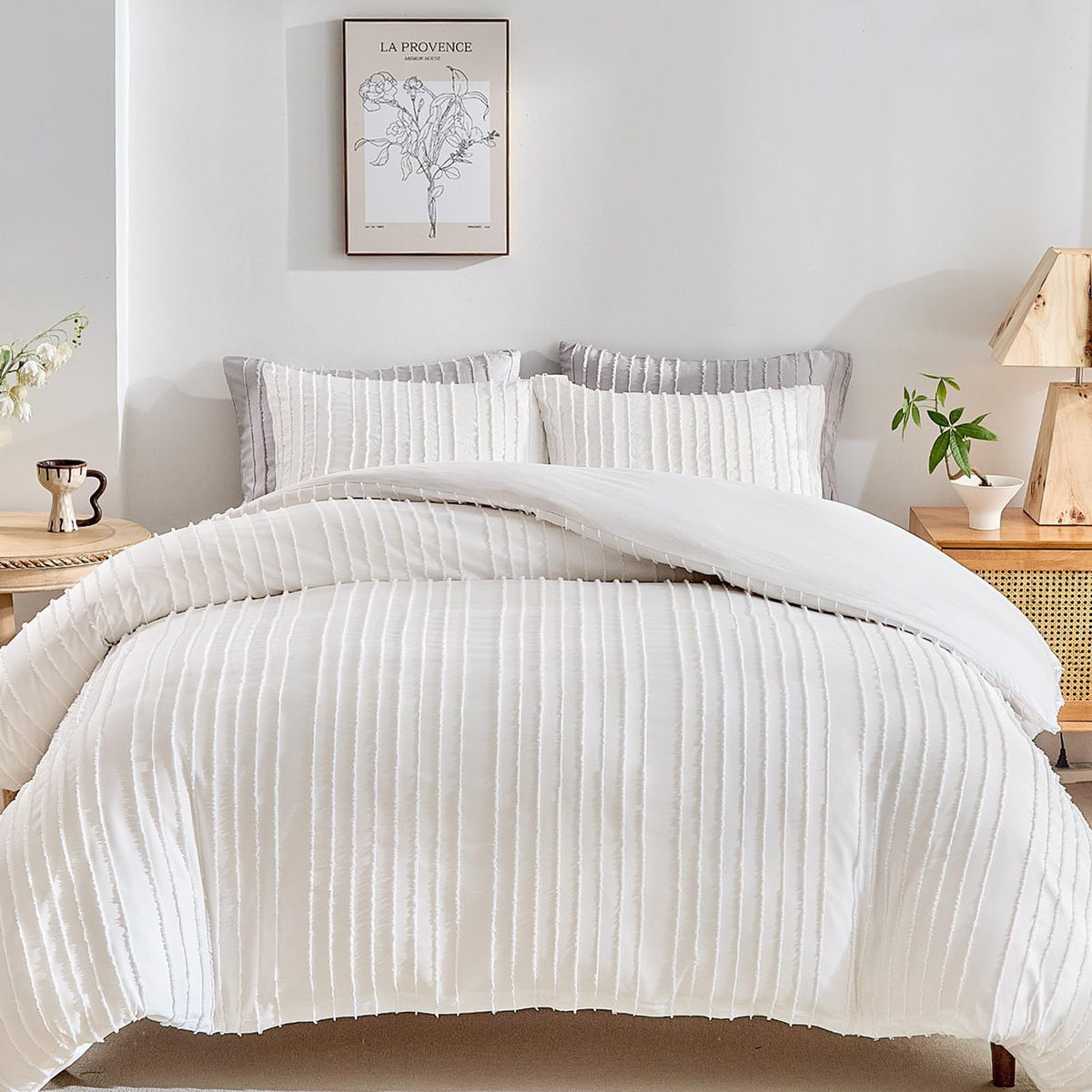 White Tufted Stripe Bedding Set - Single 2 Piece Quilt Cover and Pillowcase Set-(Single)