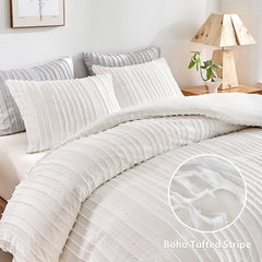 White Tufted Stripe Bedding Set - 3 Piece Quilt Cover and Pillowcase Set -(Double)