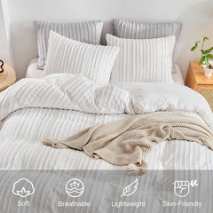 White Tufted Stripe Bedding Set - 3 Piece Quilt Cover and Pillowcase Set -(Double)