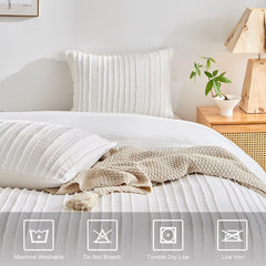 White Tufted Stripe Bedding Set - 3 Piece Quilt Cover and Pillowcase Set -(Double)