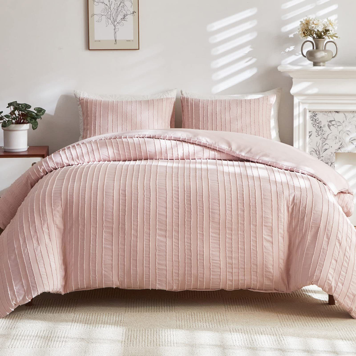 Pink Tufted Stripe Bedding Set - 3 Piece Quilt Cover and Pillowcase Set -(Queen)