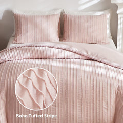 Pink Tufted Stripe Bedding Set - 3 Piece Quilt Cover and Pillowcase Set -(King)