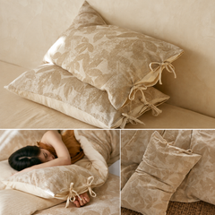 Linen Cotton Pillowcase Pair with Tie Closure Floral Pillow Covers 48x74cm (Style 4)