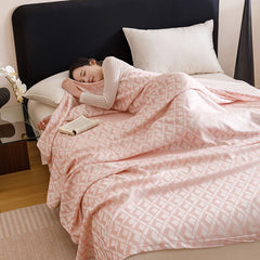 Pink Diamond Pattern Bamboo Fiber Summer Cooling Blanket 200×230cm for Bed Sofa Air Conditioned Room Lightweight Breathable G