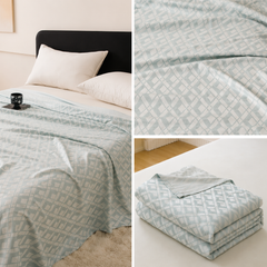 Blue Diamond Pattern Bamboo Fiber Summer Cooling Blanket 150×200cm for Bed Sofa Air Conditioned Room Lightweight Breathable G