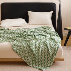 Green Diamond Pattern Bamboo Fiber Summer Cooling Blanket 150×200cm for Bed Sofa Air Conditioned Room Lightweight Breathable 
