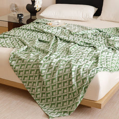 Green Diamond Pattern Bamboo Fiber Summer Cooling Blanket 150×200cm for Bed Sofa Air Conditioned Room Lightweight Breathable 
