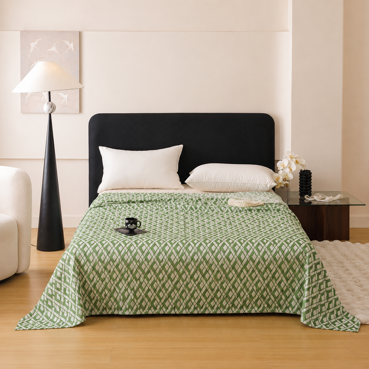 Green Diamond Pattern Bamboo Fiber Summer Cooling Blanket 200×230cm for Bed Sofa Air Conditioned Room Lightweight Breathable 