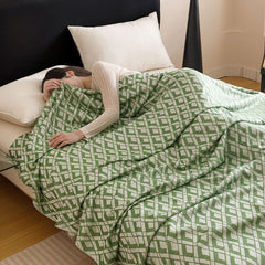 Green Diamond Pattern Bamboo Fiber Summer Cooling Blanket 200×230cm for Bed Sofa Air Conditioned Room Lightweight Breathable 