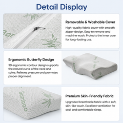 Single Butterfly Memory Foam Pillow - Ergonomic Neck Support Cushion with Removable Bamboo Fibre Cover 50x30x10/7cm for Sleep