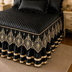 Black and Gold European Soft Brushed Quilted Bed Skirt + 2 Pillowcases Set - Breathable Padded 180 x 200CM Mattress Cover wit