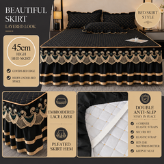 Black and Gold European Soft Brushed Quilted Bed Skirt + 2 Pillowcases Set - Breathable Padded 180 x 220CM Mattress Cover wit