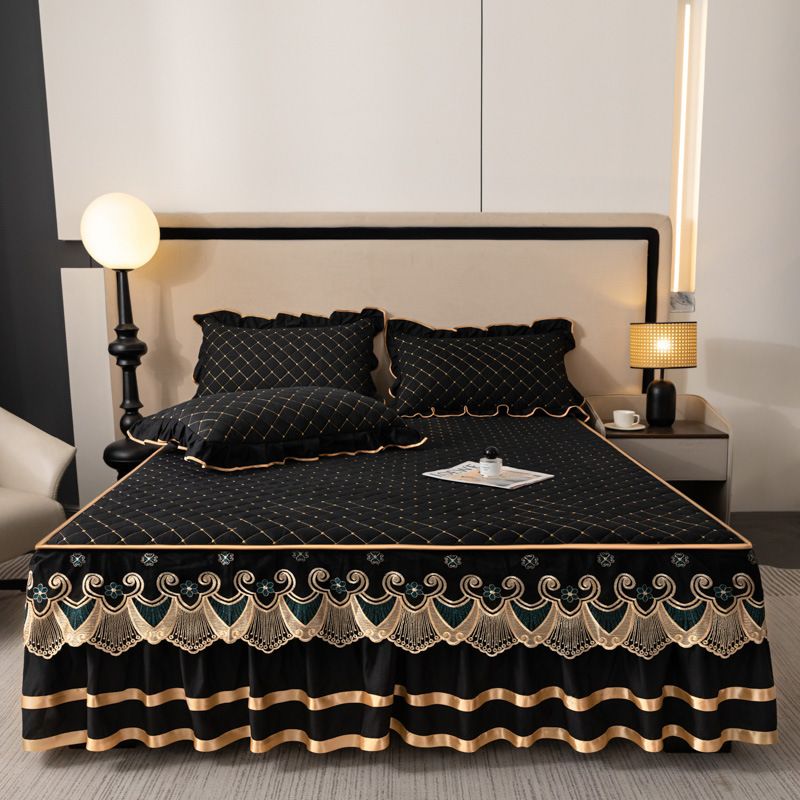 Purple and Gold European Soft Brushed Quilted Bed Skirt + 2 Pillowcases Set - Breathable Padded 180 x 220CM Mattress Cover wi