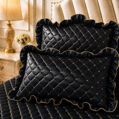 Purple and Gold European Soft Brushed Quilted Bed Skirt + 2 Pillowcases Set - Breathable Padded 180 x 220CM Mattress Cover wi