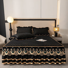 Grey and Gold European Soft Brushed Quilted Bed Skirt + 2 Pillowcases Set - Breathable Padded 180 x 220CM Mattress Cover with