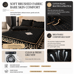 Grey and Gold European Soft Brushed Quilted Bed Skirt + 2 Pillowcases Set - Breathable Padded 180 x 220CM Mattress Cover with