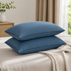 2 Pack Navy Blue High Bed Pillows with Washable Zip Cover Set (48 x 74 cm) - Soft Brushed  Fabric, Plush Fibre Fill, Fast Reb