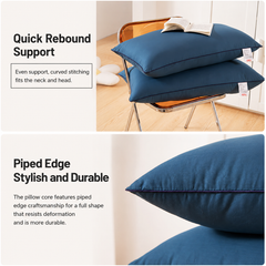 2 Pack Navy Blue Low Bed Pillows with Washable Zip Cover Set (48 x 74 cm) - Soft Brushed  Fabric, Plush Fibre Fill, Fast Rebo