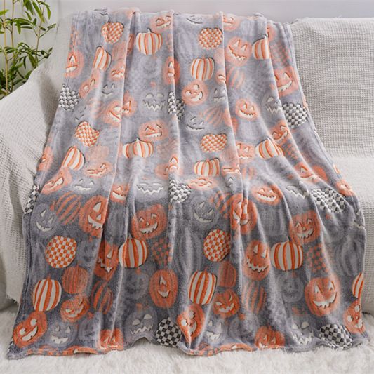 Glow in the Dark Flannel Blanket with Playful Hallowen Pumpkin (S128 / 75 x 100CM) - Versatile Soft Plush Magic Throw Blanket