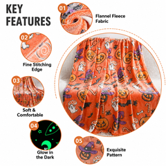 Glow in the Dark Flannel Blanket with Playful Hallowen Pumpkin (S144 / 150 x 200CM) - Versatile Soft Plush Magic Throw Blanke