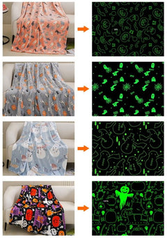 Glow in the Dark Flannel Blanket with Playful Hallowen Pumpkin (S144 / 150 x 200CM) - Versatile Soft Plush Magic Throw Blanke