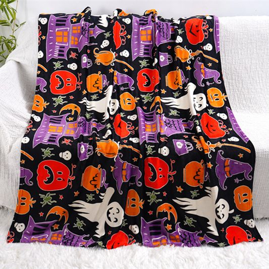 Glow in the Dark Flannel Blanket with Playful Hallowen Pumpkin (S142 / 150 x 200CM) - Versatile Soft Plush Magic Throw Blanke