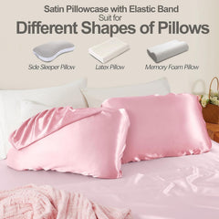 2 Pack Pink Satin Adjustable Pillowcases Set of Standard Size 20x26" - Soft Faux Silk Travel Covers for Hair & Skin, with Ela