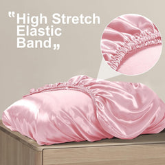 2 Pack Pink Satin Adjustable Pillowcases Set of Queen Size 20x30" - Soft Faux Silk Travel Covers for Hair & Skin, with Elasti