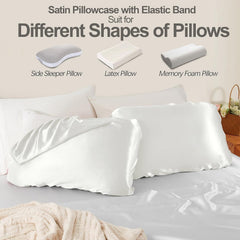 2 Pack White Satin Adjustable Pillowcases Set of Standard Size 20x26" - Soft Faux Silk Travel Covers for Hair & Skin, with El