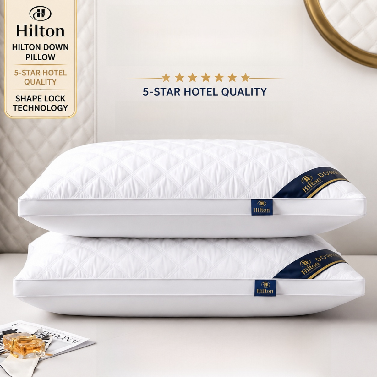 High Rebound Quilted Hotel Pillow Set 2 Pack - Anti Collapse Brushed Fabric Bed Sleeping Pillows for Ergonomic Neck Support (High Pillow)