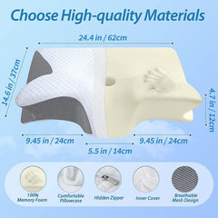 Black Horn Shape Contour Memory Foam Cervical Pillow with Breathable Zipper Cover and Protective Inner Lining - Dual Height Ergonomic Neck Support Butterfly Pillow for Pressure Relief (24.4 x 14.6 x 4.7 / 5.5")