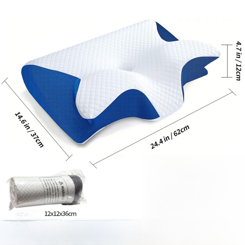 Blue Horn Shape Contour Memory Foam Cervical Pillow with Breathable Zipper Cover and Protective Inner Lining - Dual Height Ergonomic Neck Support Butterfly Pillow for Pressure Relief (24.4 x 14.6 x 4.7 / 5.5")