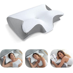 Silk Grey Horn Shape Contour Memory Foam Cervical Pillow with Breathable Zipper Cover and Protective Inner Lining - Dual Height Ergonomic Neck Support Butterfly Pillow for Pressure Relief (24.4 x 14.6 x 4.7 / 5.5")
