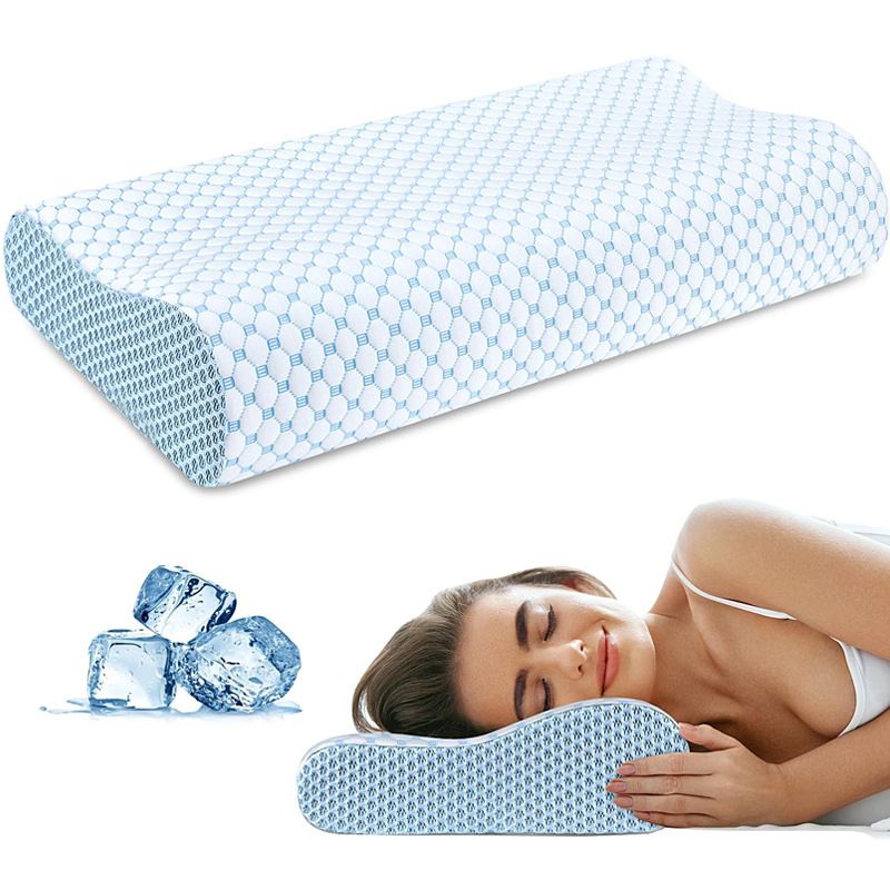 55 x 35CM Ergonomic Cooling Memory Foam Contour Pillow - Slow Rebound Cervical Neck Support Bed Pillow with Washable Ice Silk Cover and Protective Inner Lining