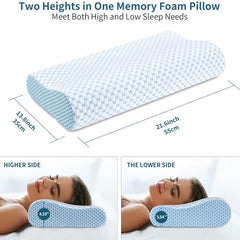 55 x 35CM Ergonomic Cooling Memory Foam Contour Pillow - Slow Rebound Cervical Neck Support Bed Pillow with Washable Ice Silk Cover and Protective Inner Lining