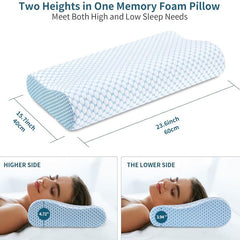 60 x 40CM Ergonomic Cooling Memory Foam Contour Pillow - Slow Rebound Cervical Neck Support Bed Pillow with Washable Ice Silk Cover and Protective Inner Lining