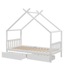 Artiss Bed Frame Wooden Base Kids Single Timber House  with 2 Storage Drawers Beds White